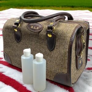 Vintage Marshall Fields Leather Tweed Monogram Frame Footed Travel Beauty Case